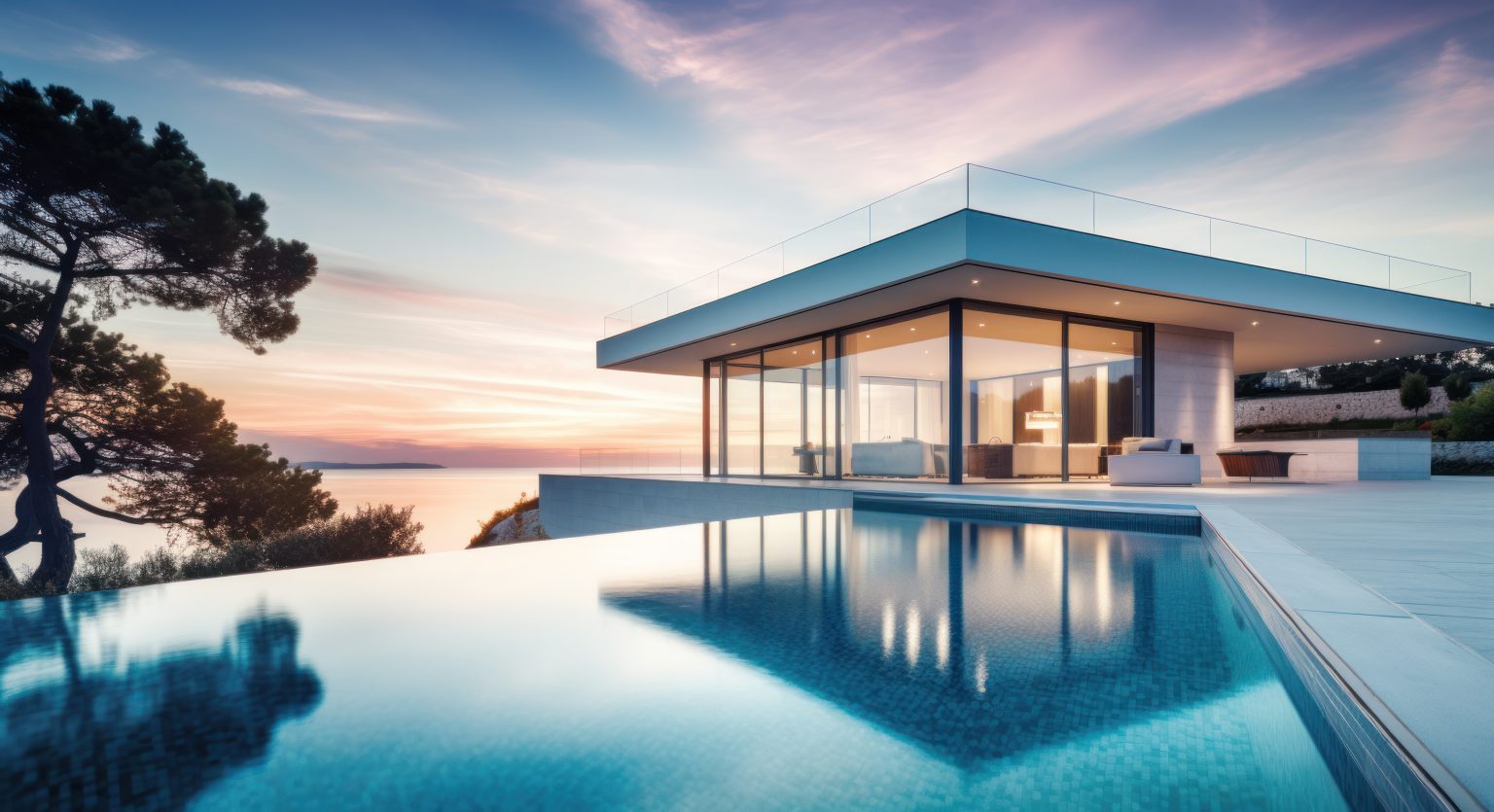 a luxury home with a pool at sunrise,